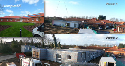 Three images showing the rapid expansion of North Walsham Hospital using offsite construction